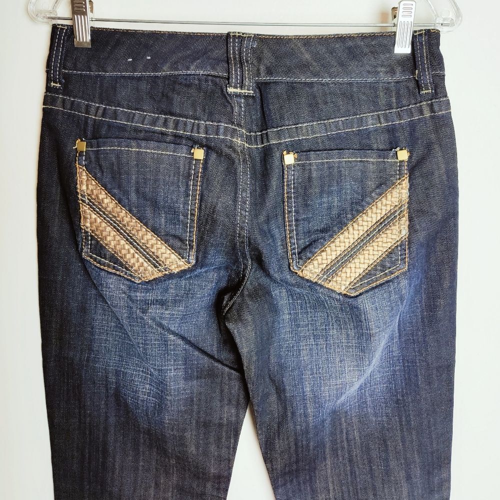 Chico's Platinum Braided Bronze Dayton Straight Leg Dark Wash Jeans, Sz 0.5 (XS)